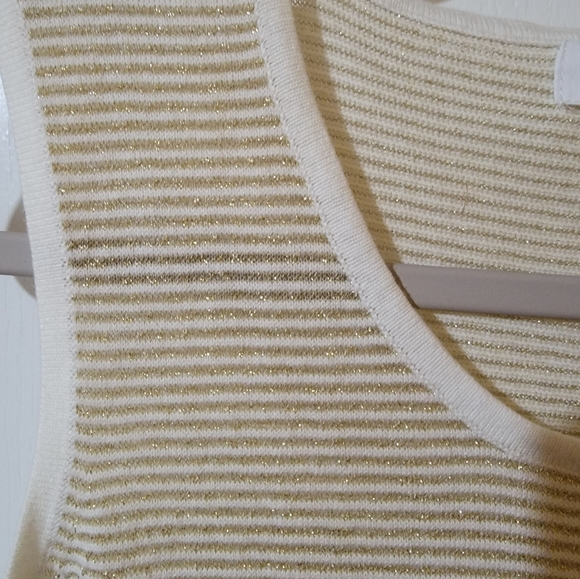 Calvin Klein Sleeveless Knit Top Shell Cream Gold Striped Sz S Classy Business - Picture 3 of 4